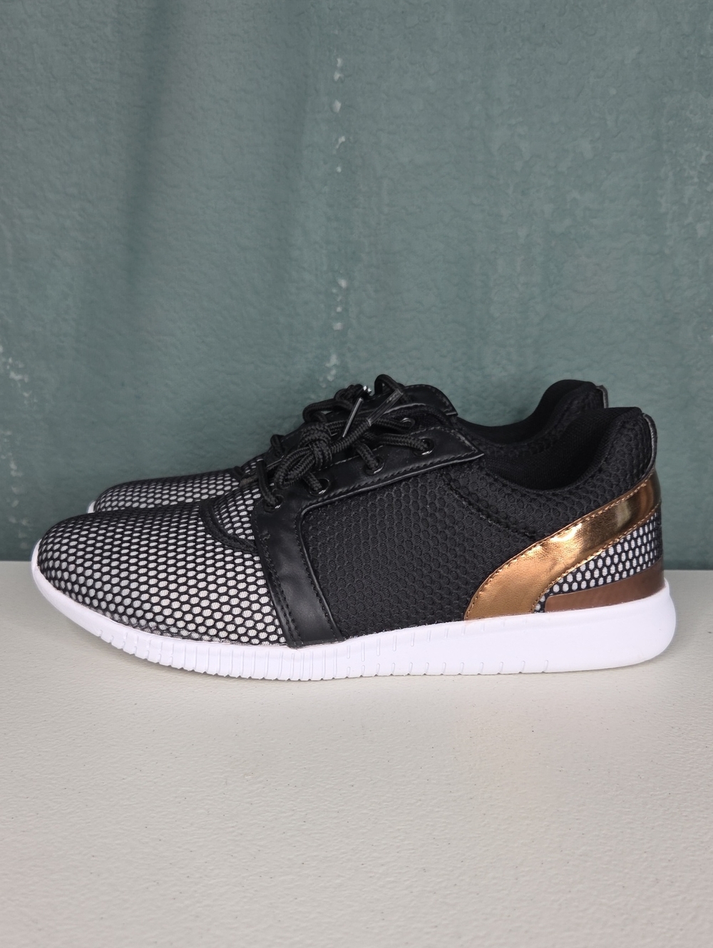 Women's Black and Rose Gold Mesh Trainer Sneakers